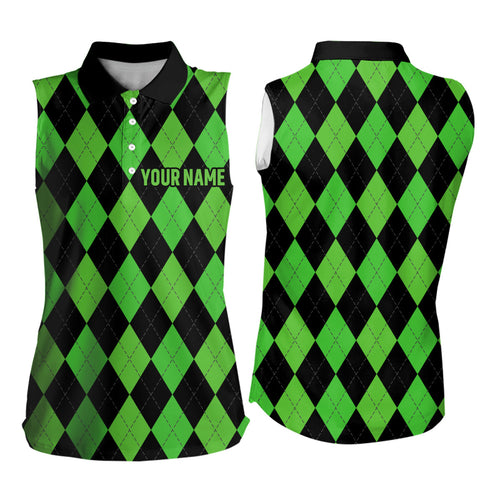 Women sleeveless polo shirt custom green and black argyle plaid pattern golf attire for ladies NQS7184