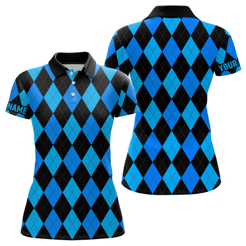 Womens golf polo shirts custom blue and black argyle plaid pattern golf attire for ladies NQS7185