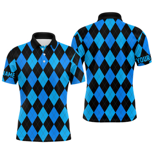 Mens golf polo shirts custom blue and black argyle plaid pattern golf attire for men NQS7185