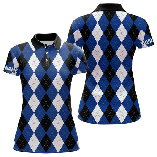 Womens golf polo shirts custom blue argyle plaid pattern golf attire for women, golf gifts NQS6899