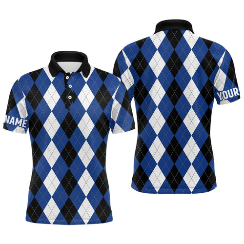 Mens golf polo shirts custom blue argyle plaid pattern golf attire for men, golfing gifts NQS6899
