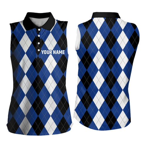 Women sleeveless polo shirt custom blue argyle plaid pattern golf attire for women NQS6899