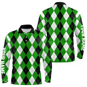 Mens golf polo shirts custom green argyle plaid pattern golf attire for men, golfing gifts NQS6900