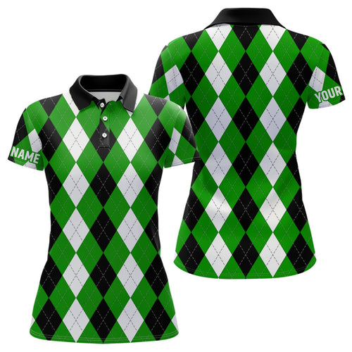 Womens golf polo shirts custom green argyle plaid pattern golf attire for women, golf gifts NQS6900