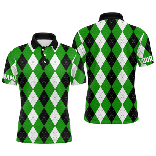 Mens golf polo shirts custom green argyle plaid pattern golf attire for men, golfing gifts NQS6900