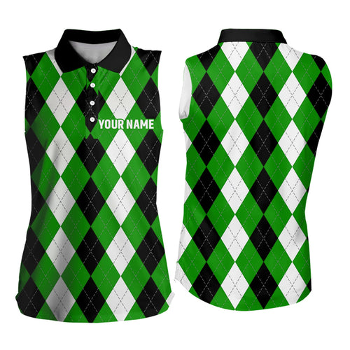 Women sleeveless polo shirt custom green argyle plaid pattern golf attire for women NQS6900