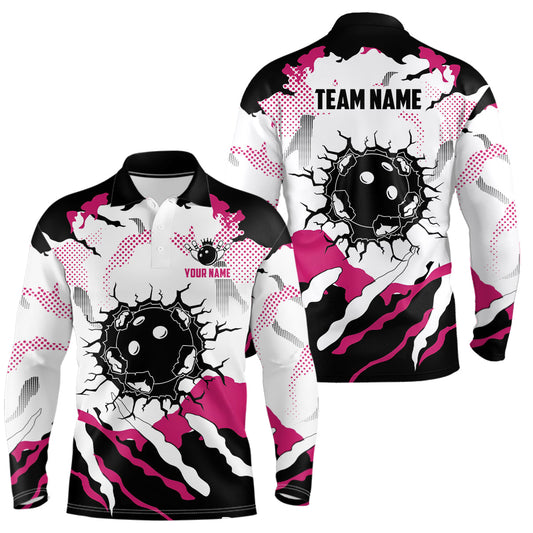Personalized pink and white camo bowling polo shirts for men, custom team men's bowling shirt NQS6713