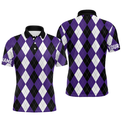 Mens golf polo shirts custom purple argyle plaid Halloween pattern golf attire for men, golfing gifts NQS6246
