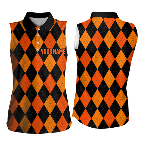 Women sleeveless polo shirt custom orange, black argyle plaid Halloween pattern golf attire for ladies NQS6247