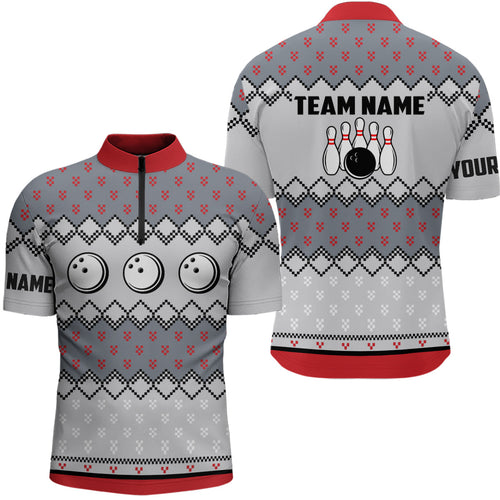 Mens Bowling Quarter-Zip Shirts Custom ugly Christmas pattern Bowling ball pins team Mens Jersey NQS6727