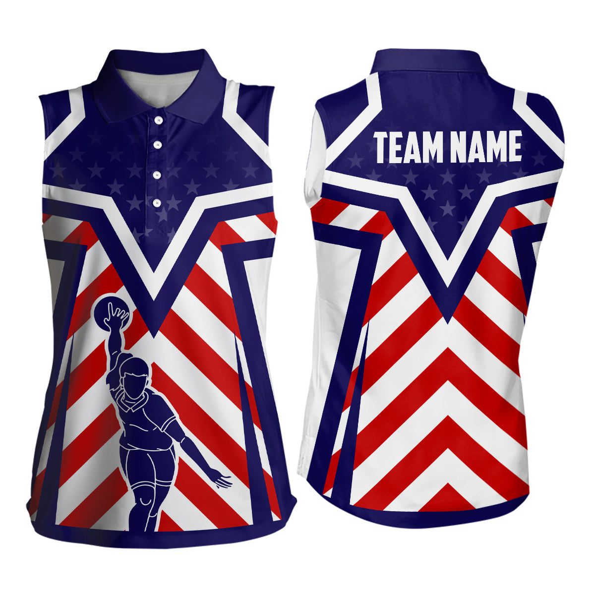 Red, white, blue American flag Bowling sleeveless polos For Women Custom bowling Team League Jerseys NQS6735