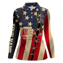Load image into Gallery viewer, Vintage American flag Womens disc golf polo shirt custom patriotic disc golf shirt NQS6767