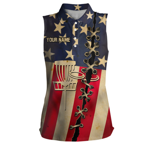 Vintage American flag Women sleeveless disc golf polo shirt custom patriotic disc golf shirt NQS6767