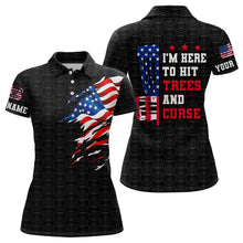 Load image into Gallery viewer, American flag Women disc golf polo shirts custom black disc golf pattern i'm here to hit trees &amp; curse NQS6288