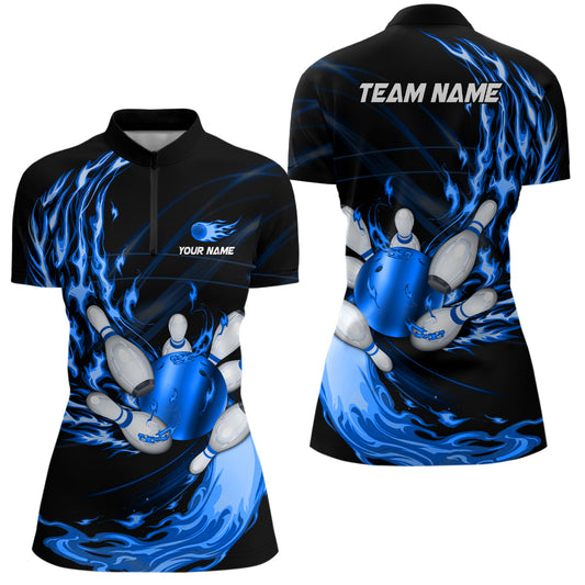 Womens bowling Quarter Zip shirts Custom blue flame Bowling ball and pins Team league bowler Jersey NQS6977