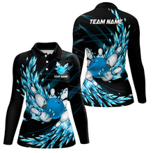Load image into Gallery viewer, Womens bowling polo shirts Custom blue icy fragments Bowling ball pins Team league bowler Jersey NQS7124