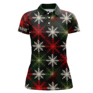 Womens golf polo shirt custom red green Christmas snowflake pattern, womens christmas golf shirts NQS6783