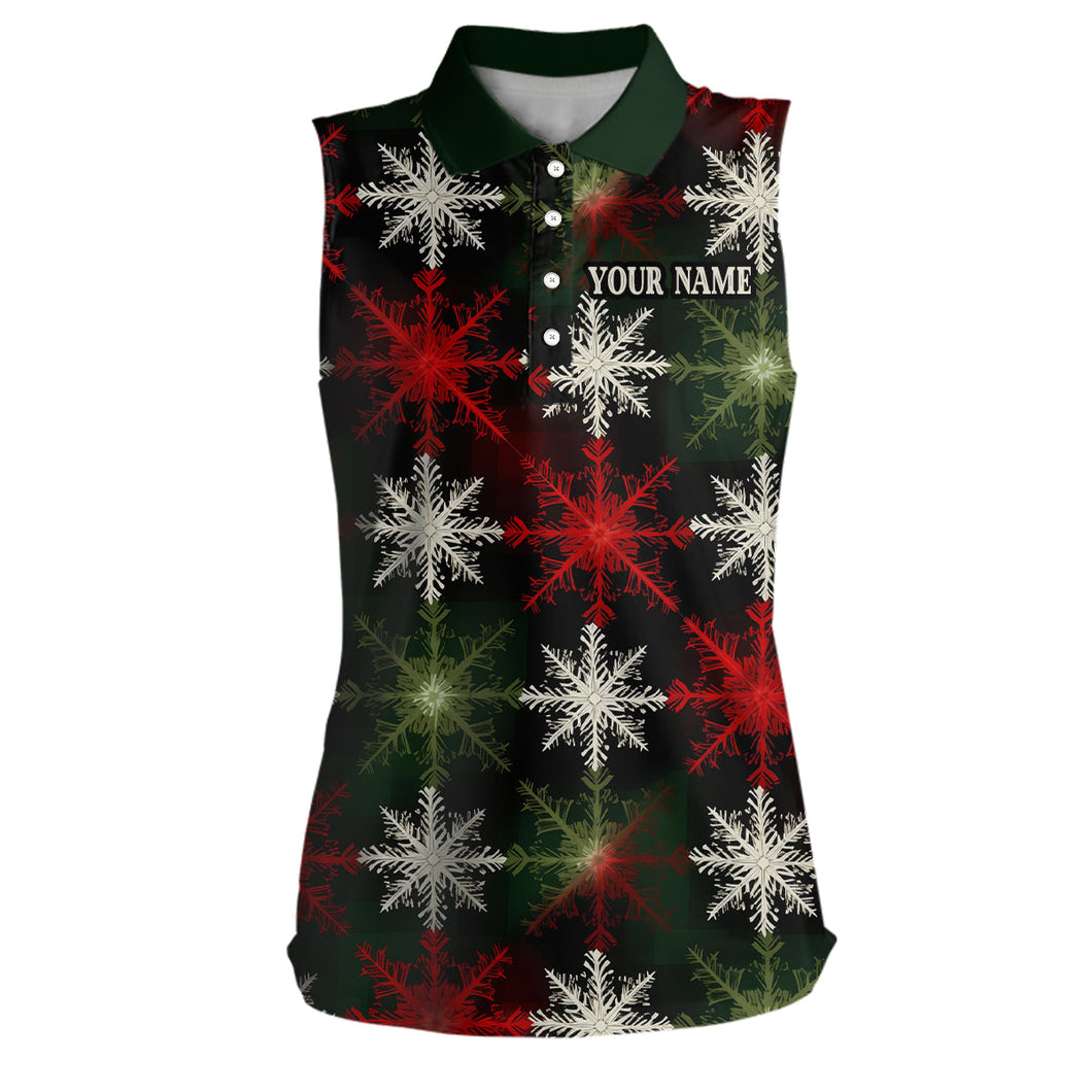 Womens sleeveless golf polo custom red green Christmas snowflake pattern, womens christmas golf shirts NQS6783