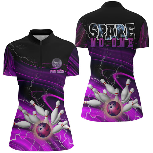 Womens bowling Quarter Zip shirt Custom spare no one Purple lightning thunder team bowling jerseys NQS6674