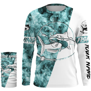 Catfish Fishing Blue Smoke 3D Custom Name Sun/UV Protection Shirts For Fisherman Personalized Fishing Gifts FSD2680