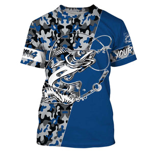 Walleye Tattoo camo Blue Walleye Fishing Custom Name UV Protection Shirts, Walleye Fishing Tournament Clothing - FSD2985