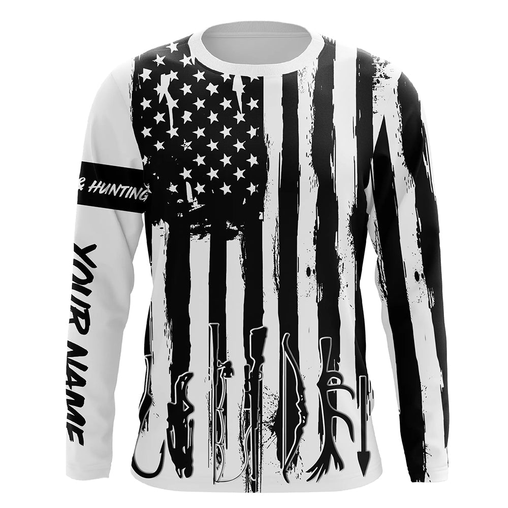 American Flag Fishing and Hunting black and white UV protection Customized name Shirt FSD4088