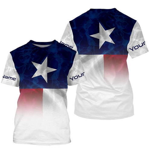 Texas flag Performance Shirts, Custom Name TX Fishing water wave UV Protection shirts for Fisherman FSD4053