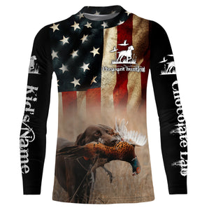 Pheasant Hunting with Chocolate Labrador American flag All over printed Shirts, Lab hunting shirt FSD3560