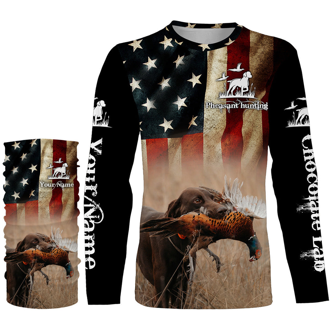 Pheasant Hunting with Chocolate Labrador American flag All over printed Shirts, Lab hunting shirt FSD3560