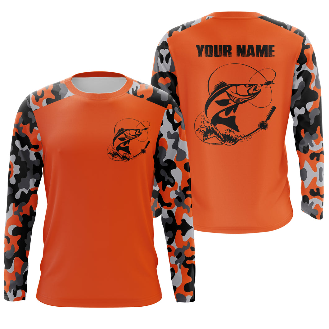 Custom Name Walleye Fishing Camouflage Orange Performance Fishing Shirt, Walleye Fishing Jerseys FSD2475