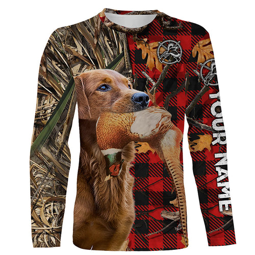 Golden Retriever Pheasant Hunting Dog Red Plaid Camo Custom Name Shirts, Christmas Gifts for Hunters FSD4246