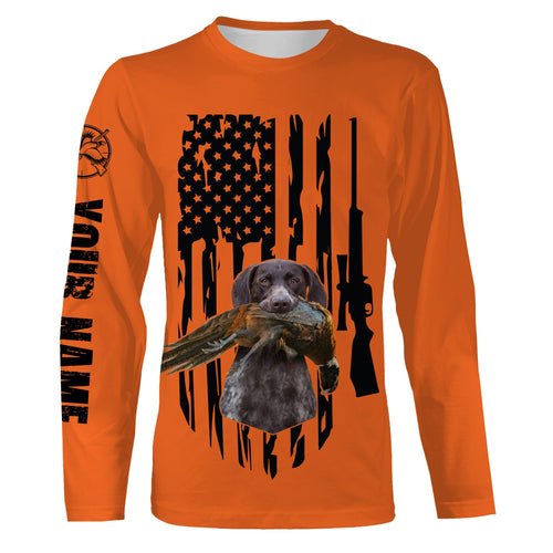 American Hunting flag Pheasant hunting with dog German Shorthaired Pointer Orange Custom Name Shirts FSD4043