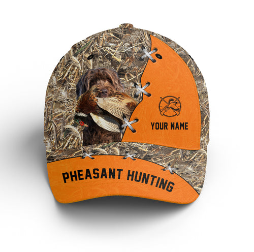Pheasant Hunting Hat, Upland Hunting Camo and Blaze orange Customized Name with Hunting Dogs Hat FSD4216