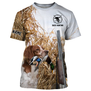 Waterfowl Duck hunting with Dog Brittany Custom Name All over print Shirt, Duck hunting gifts FSD4010