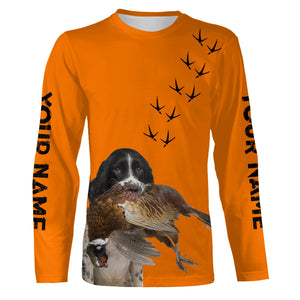 English Springer Spaniel Dog Pheasant Hunting Blaze Orange custom Name Hunting Hoodie, T-shirt FSD3969
