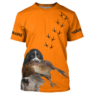 English Springer Spaniel Dog Pheasant Hunting Blaze Orange custom Name Hunting Hoodie, T-shirt FSD3969