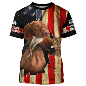 Vizsla Bird Dog Pheasant hunting American flag Custom Name Shirts, gifts for hunting dog owners FSD3801