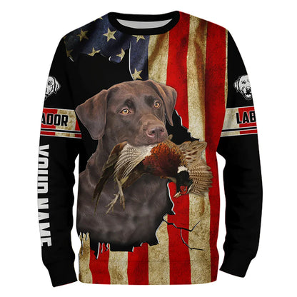 Bird Dog Labs Chocolate Labrador Pheasant hunting American flag Custom Name Shirts, Hoodie FSD3803