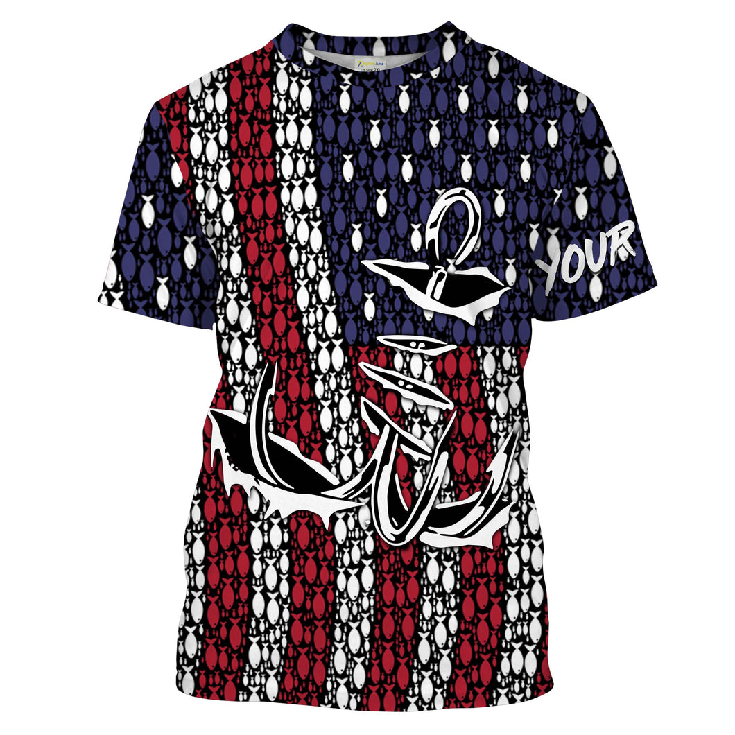 American Flag 3D Fish Hook Treble Hook Custom Name All Over Printed UV Protection Shirts Fishing Apparel Patriotic Gift FSD2015