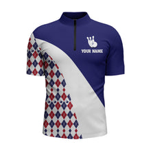 Load image into Gallery viewer, Custom Bowling Shirt for Men, Blue Argyle Bowling Jersey with Name League Quarter-Zip Shirt NBZ175