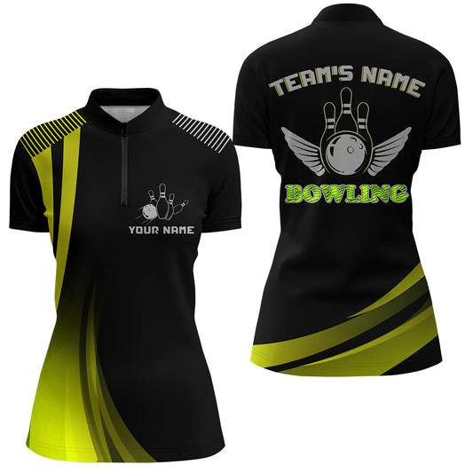 Custom Bowling Shirt for Women Yellow&Black Bowling Jersey with Name League Lady Quarter-Zip Shirt NBZ178