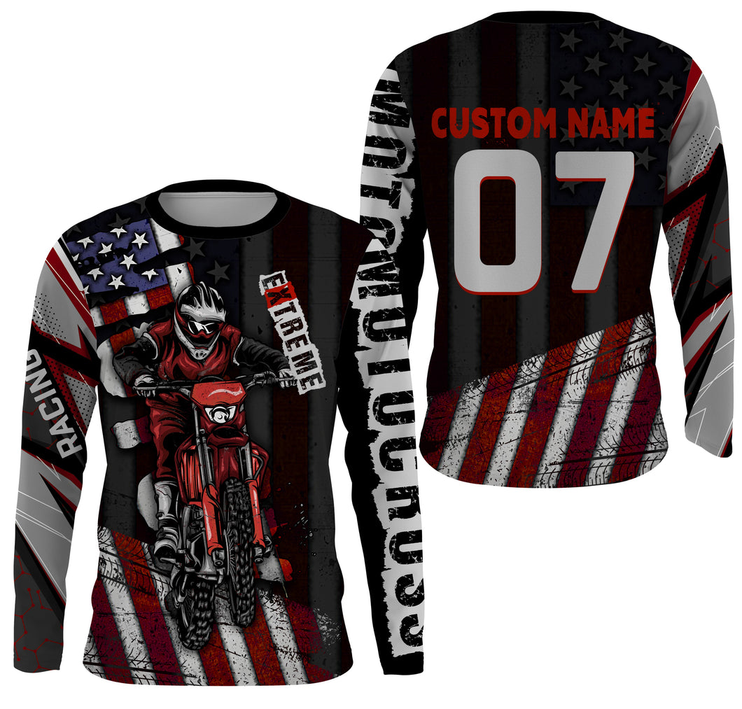 Personalized Motocross Jersey UPF30+, American Flag Dirt Bike Racing Shirt, Off-Road Rider Racewear| NMS400