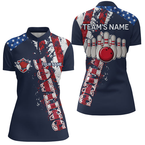 Patriotic Women's Bowling Shirt Quarter-Zip, Custom Name Ladies Bowlers Jersey American Flag NBZ95