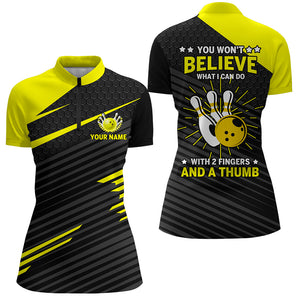 Funny Bowling Shirt for Women Lady Yellow&Black Custom Bowling Jersey QuarterZip 2 Fingers A Thumb NBZ170