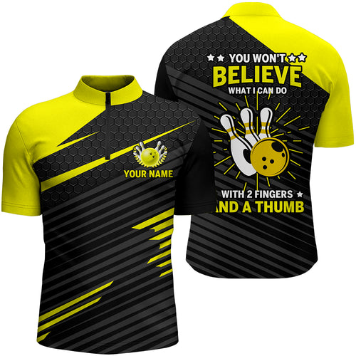 Funny Bowling Shirt for Men Yellow & Black Custom Bowling Jersey Quarter-Zip, 2 Fingers and A Thumb NBZ170