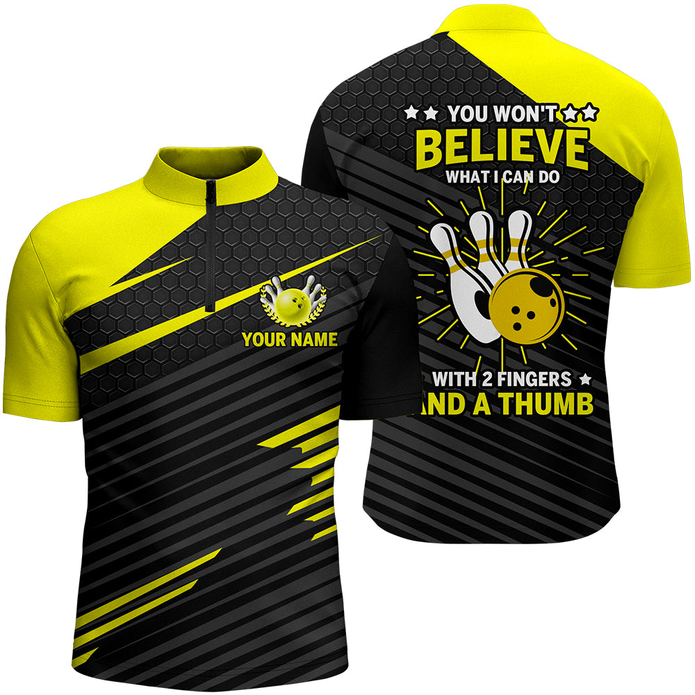 Funny Bowling Shirt for Men Yellow & Black Custom Bowling Jersey Quarter-Zip, 2 Fingers and A Thumb NBZ170