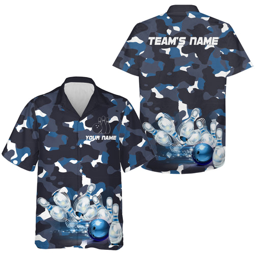 Blue Camo Hawaiian Bowling Shirt for Men Women, Custom Team Name Short Sleeve Bowlers Jersey NBH94