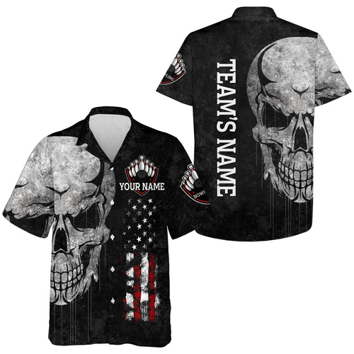 Men Women Skull Hawaiian Bowling Shirt, Patriotic Custom Name Black Bowlers Jersey American Flag NBH93