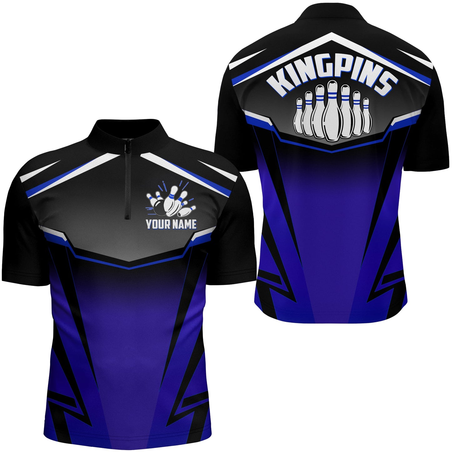 Custom Bowling Shirt for Men, Kingpins Blue Quarter-Zip Bowling Shirt with Name, Men Bowlers Jersey NBZ181