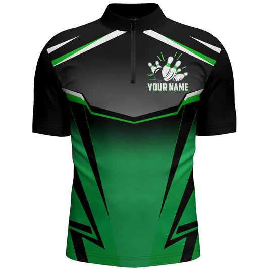 Custom Bowling Shirt for Men Kingpins Green Quarter-Zip Bowling Shirt with Name, Men Bowlers Jersey NBZ182